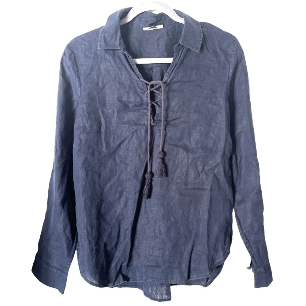 Lord & Taylor 100% Linen Navy Blue Tie Front Tassel Pullover Top